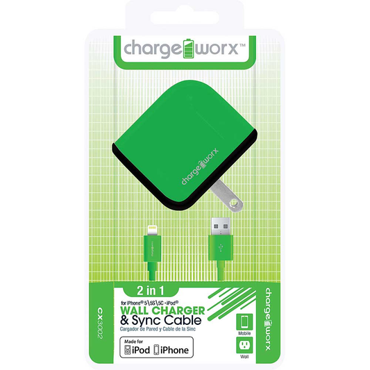 Chargeworx USB Wall Charger & Sync Cable for iPhone 5/5S/5C, 6/6Plus, Green