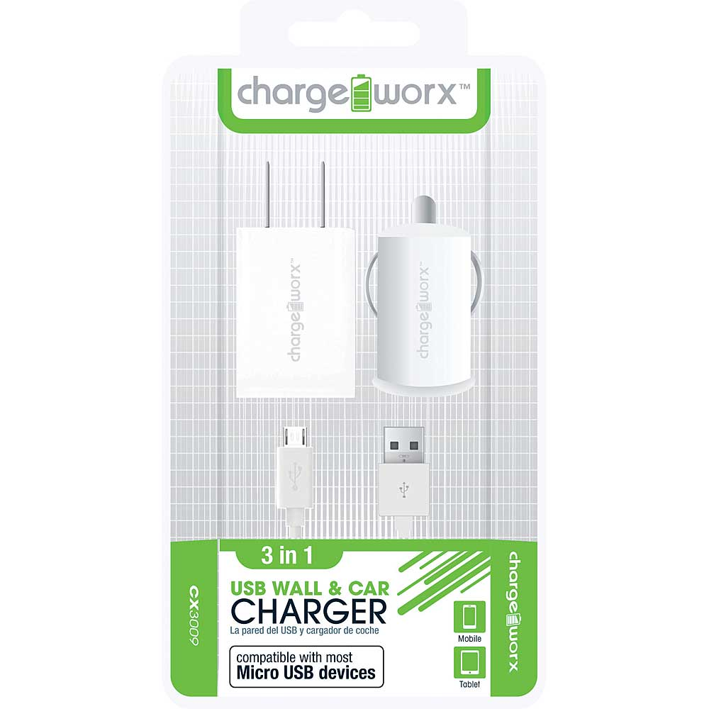 Chargeworx Wall & Car Charger for Micro-USB Sync Cable, White