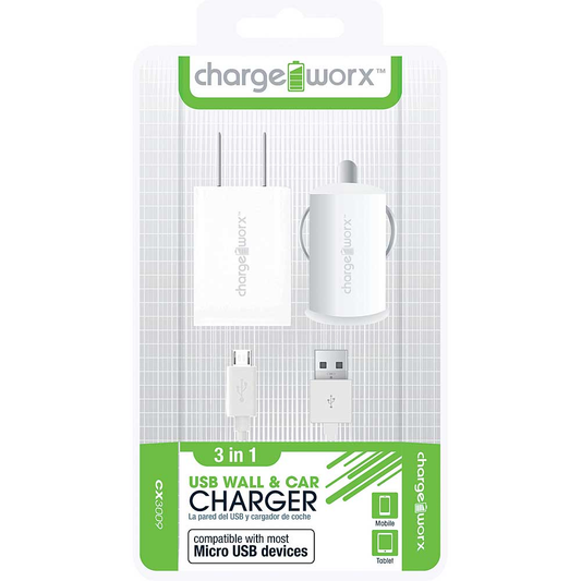 Chargeworx Wall & Car Charger for Micro-USB Sync Cable, White