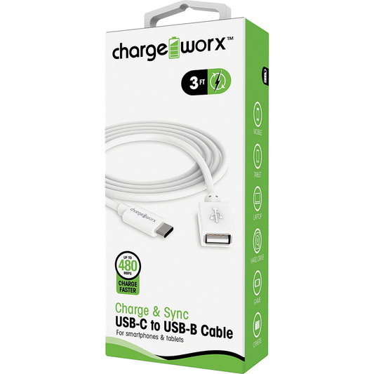 Chargeworx 3ft USB-C to USB-B Sync & Charge Cable, White