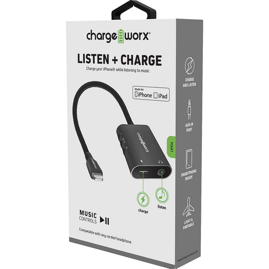 Chargeworx Lightning Aux Adaptor Charging Cable, Black
