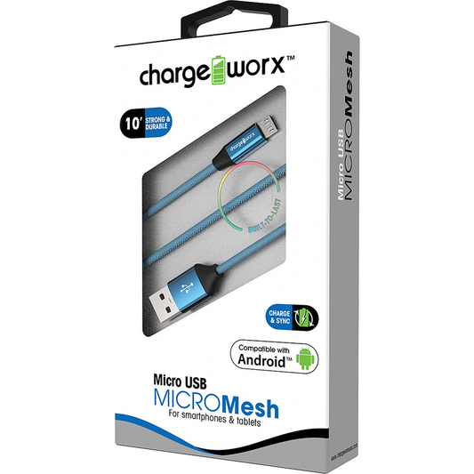 Chargeworx "MICRO" Mesh 10ft Micro USB Sync & Charge Cable, Blue