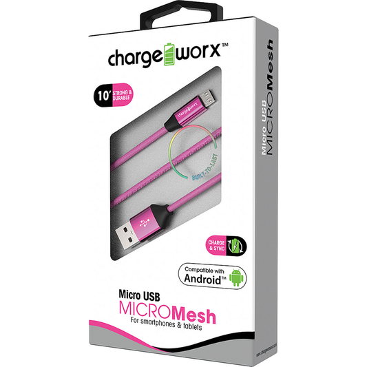 Chargeworx "MICRO" Mesh 10ft Micro USB Sync & Charge Cable, Pink