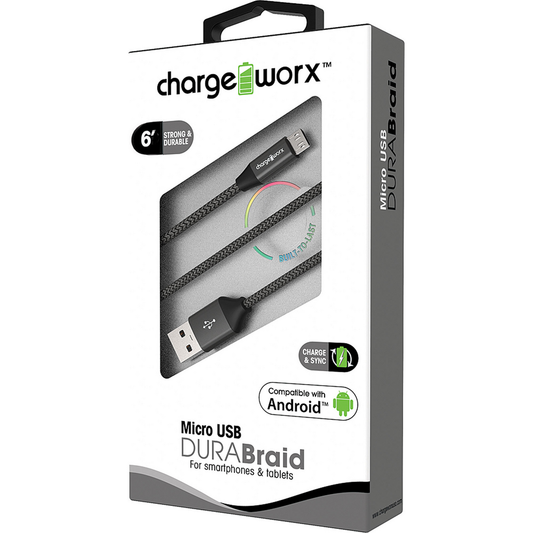 Chargeworx "DURA" Braid 6ft Micro USB Sync & Charge Cable, Black