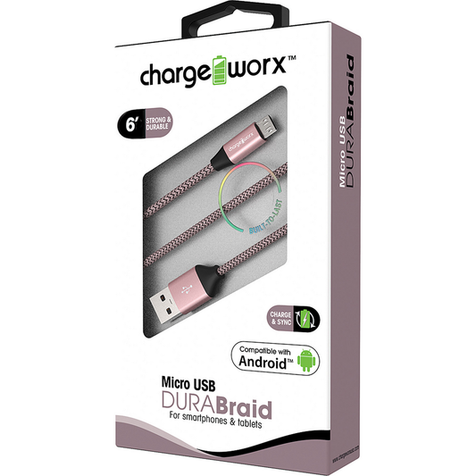 Chargeworx "DURA" Braid 6ft Micro USB Sync & Charge Cable, Rose Gold