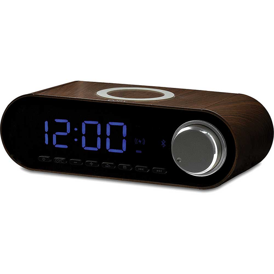 Coby Bluetooth Clock Radio with Wireless Charger, Wood
