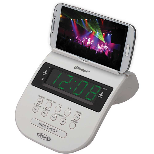 Jensen Bluetooth Clock Radio w/ Cellphone Holder, White