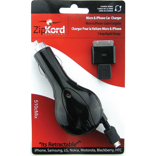 Zipkord Retractable Car Charger For iPhone & Micro USB