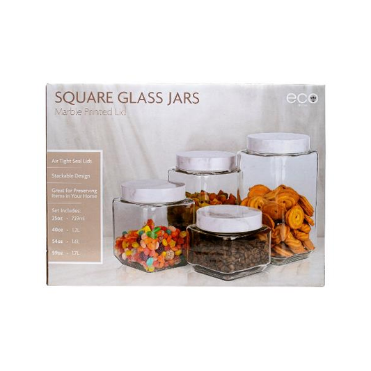 4 PC SET -  GLASS SQUARE JARS WITH PRINTED MARBLE LID IN COLOR BOX