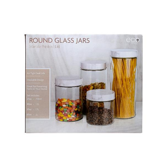 4 PC SET -  GLASS ROUND JARS WITH PRINTED MARBLE LID IN COLOR BOX