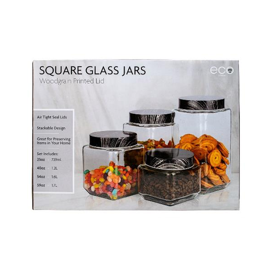 4 PC SET -  GLASS SQUARE JARS WITH PRINTED GRAY WOODGRAIN LID IN COLOR BOX