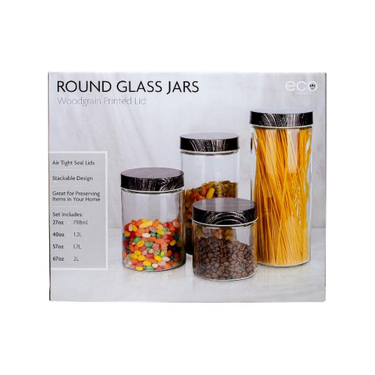 4 PC SET -  GLASS ROUND JARS WITH PRINTED GRAY WOODGRAIN LID IN COLOR BOX