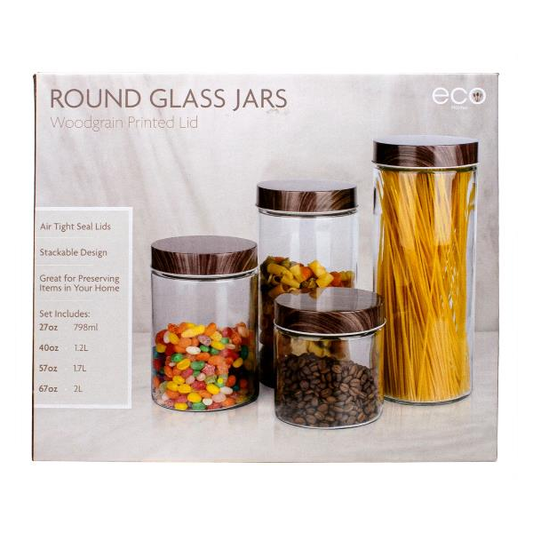 4 PC SET -  GLASS ROUND JARS WITH PRINTED DARK WOODGRAIN LID IN COLOR BOX