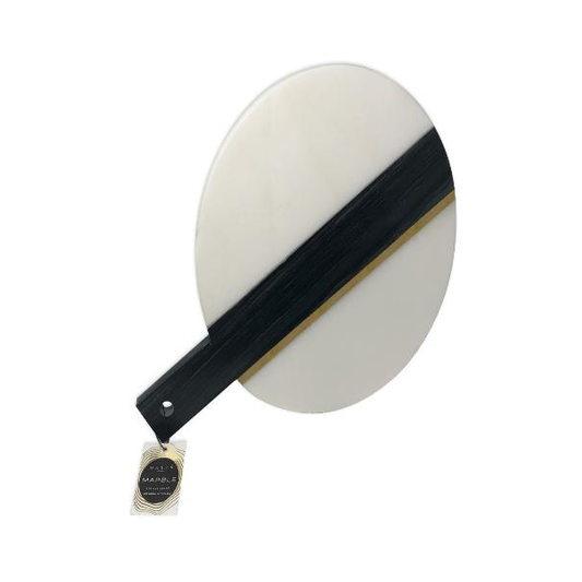 WHITE AND BLACK ROUND MARBLE  SERVING BOARD WITH HANDLE -